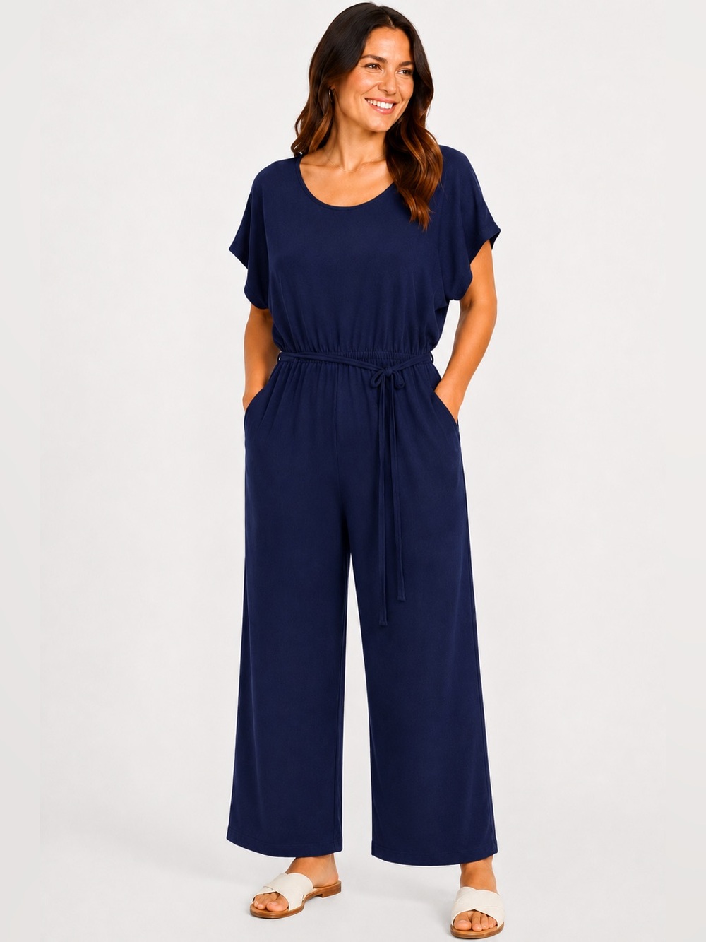 Old Navy French Terry Jumpsuit XXL Navy Dolman Tie Waist Ankle Pockets Stretch